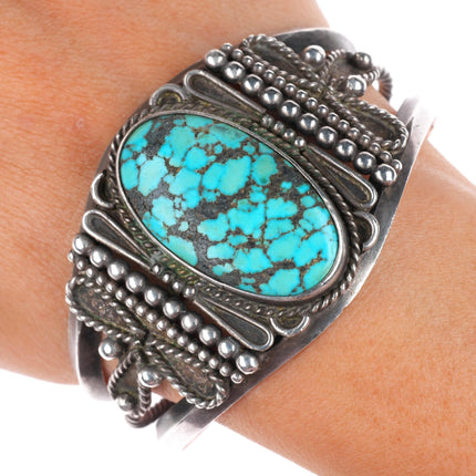 6.4" c1940-50's Navajo sterling silver cuff bracelet nice spiderweb turquoise