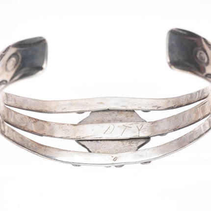 6.5" c1940 vintage Navajo sterling silver turquoise hand stamped cuff bracelet