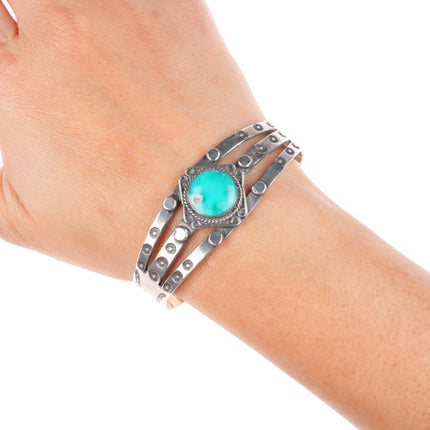 6.5" c1940 vintage Navajo sterling silver turquoise hand stamped cuff bracelet