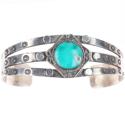 6.5" c1940 vintage Navajo sterling silver turquoise hand stamped cuff bracelet