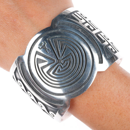 7.4" Mark Tawahongva Hopi overlay sterling silver man in the maze cuff bracelet