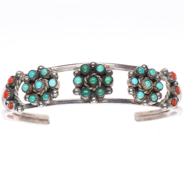 5.9" vintage Zuni sterling silver turquoise and coral snake eye cuff bracelet