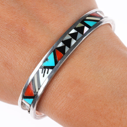 6.5" John and Rosalie Bowannie Zuni sterling silver intarsia inlay cuff bracelet
