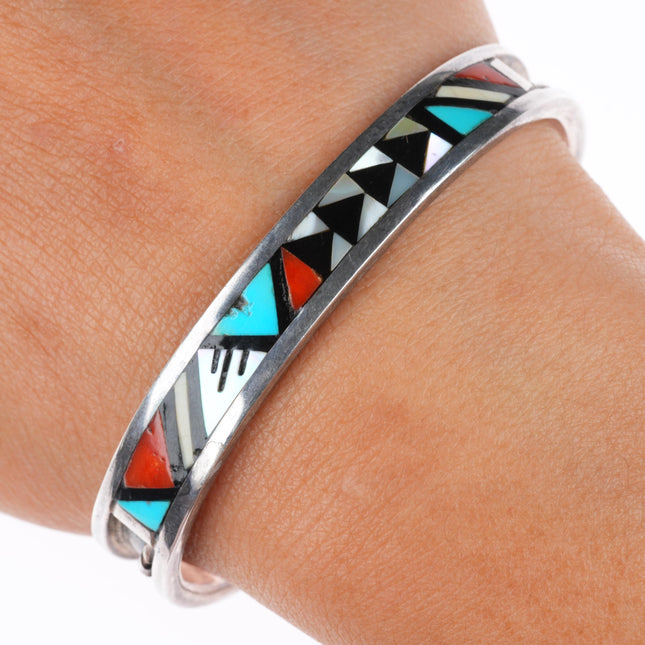 6.5" John and Rosalie Bowannie Zuni sterling silver intarsia inlay cuff bracelet