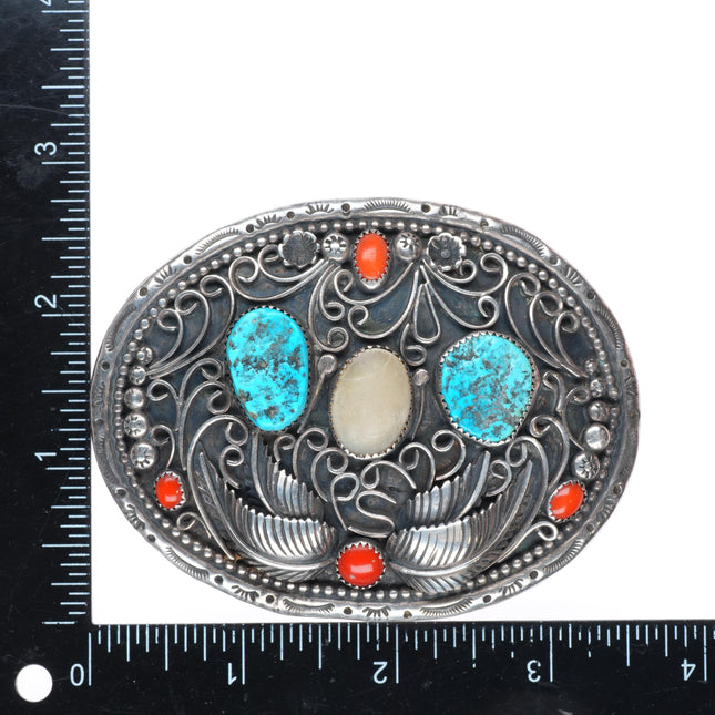 Big vintage Navajo coral, turquoise, shell sterling silver buckle for 1.75" belt