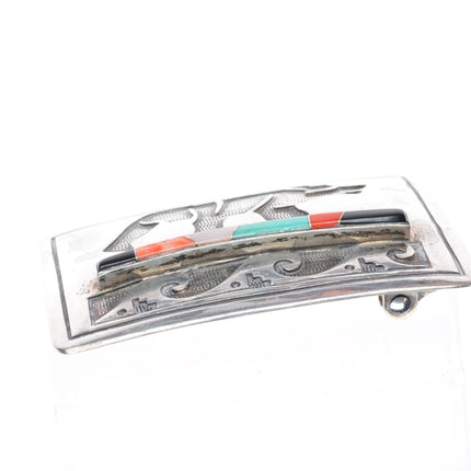 Vintage Navajo Bear multi-stone inlay sterling silver buckle for 1.5" belt