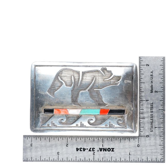 Vintage Navajo Bear multi-stone inlay sterling silver buckle for 1.5" belt