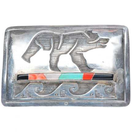 Vintage Navajo Bear multi-stone inlay sterling silver buckle for 1.5" belt