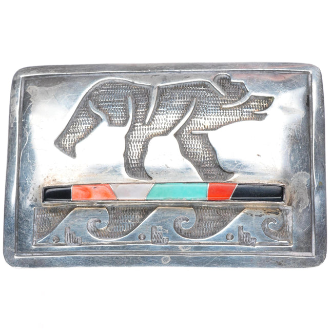 Vintage Navajo Bear multi-stone inlay sterling silver buckle for 1.5" belt
