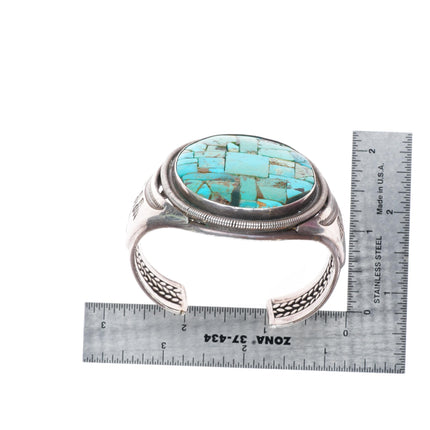 6.25" c1950 Santo Domingo Pueblo sterling silver cobblestone inlay cuff bracelet