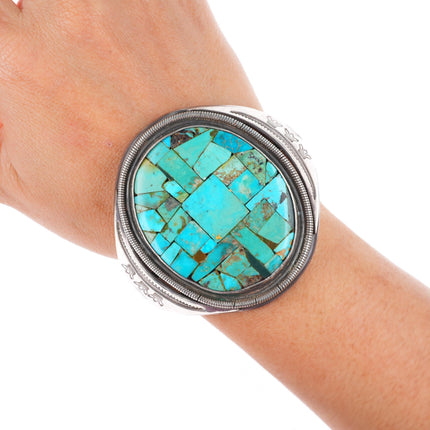 6.25" c1950 Santo Domingo Pueblo sterling silver cobblestone inlay cuff bracelet