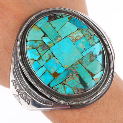 6.25" c1950 Santo Domingo Pueblo sterling silver cobblestone inlay cuff bracelet