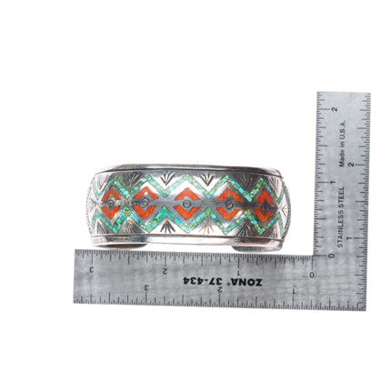 6.4" vintage JPJ Navajo sterling silver chip inlay turquoise cuff bracelet