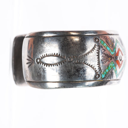 6.4" vintage JPJ Navajo sterling silver chip inlay turquoise cuff bracelet