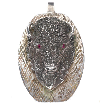 Huge vintage southwestern sterling silver 3D buffalo pendant with ruby eyes