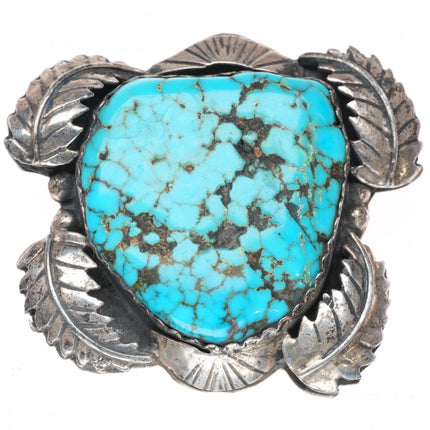 Vintage Navajo sterling silver pin/brooch - spiderweb turquoise feather border