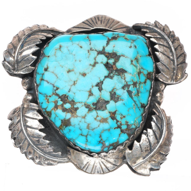Vintage Navajo sterling silver pin/brooch - spiderweb turquoise feather border