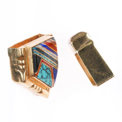Tom David Navajo 14k gold turquoise-coral-lapis inlay ranger buckle 3/4" belt