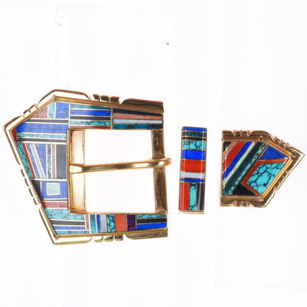 Tom David Navajo 14k gold turquoise-coral-lapis inlay ranger buckle 3/4" belt