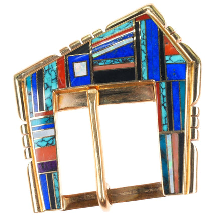Tom David Navajo 14k gold turquoise-coral-lapis inlay ranger buckle 3/4" belt