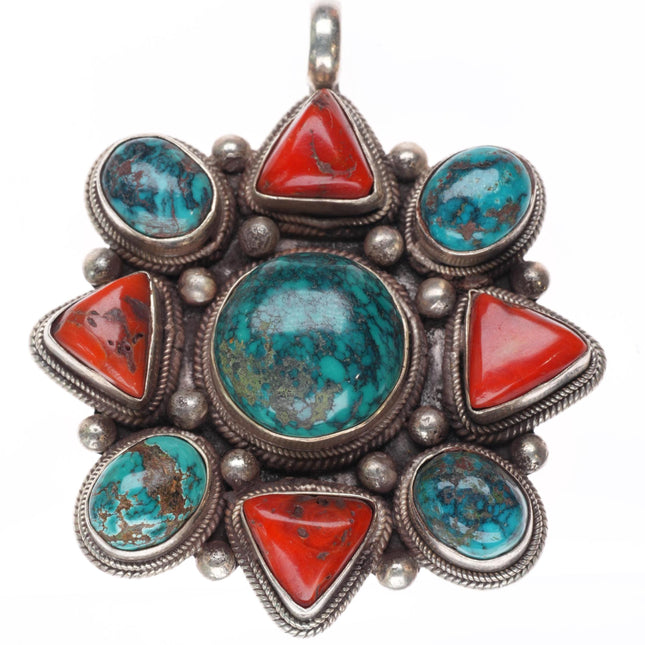 Nice Nepalese sterling silver turquoise and coral cluster necklace pendant