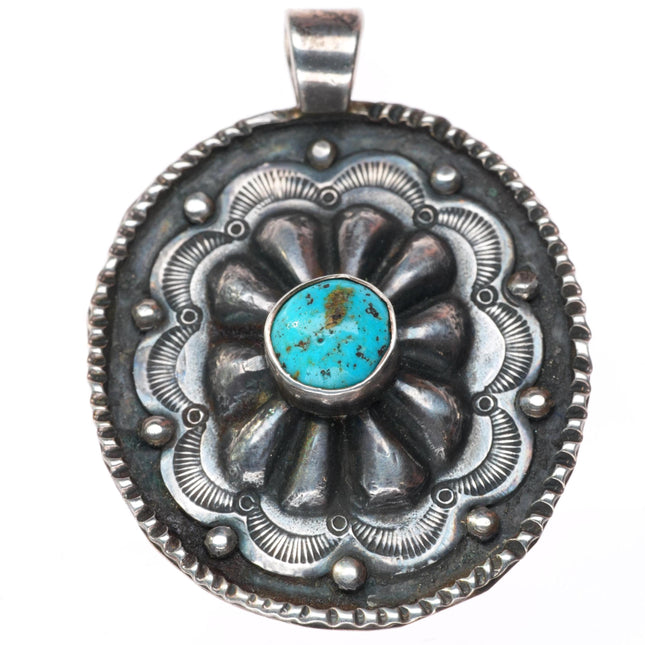 Allen Pooyouma Hopi deep stamped sterling silver pendant with turquoise