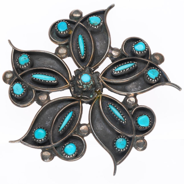 Vintage Zuni sterling silver snake eye/needlepoint turquoise flower pin/brooch