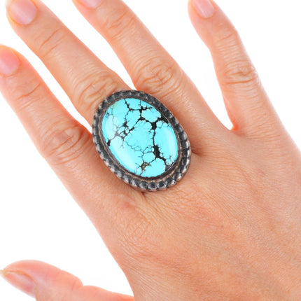 sz9.25 Huge vintage heavy sterling silver Navajo spiderweb turquoise ring