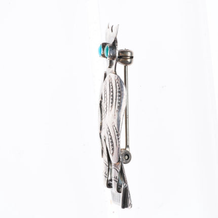 c1940's Vintage Navajo sterling silver deep stamped owl pin/brooch turquoise eye