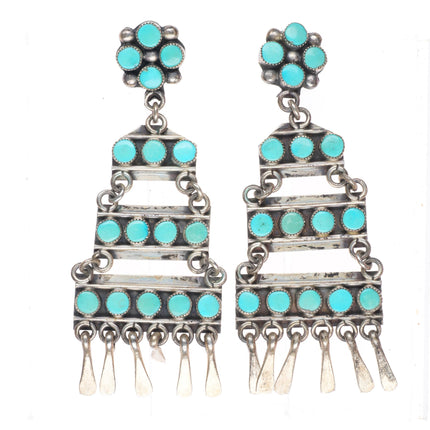 Vintage Zuni sterling silver long snake eye turquoise chandelier earrings