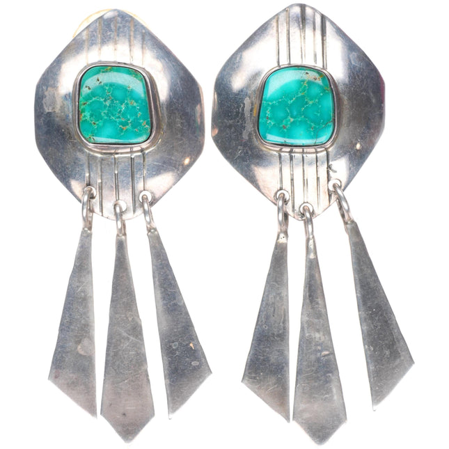 big vintage Navajo waterweb turquoise sterling silver dangle earrings