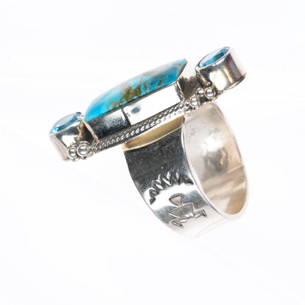 sz9.5 Navajo sterling silver blue topaz ring with turquoise Running Bear Shop
