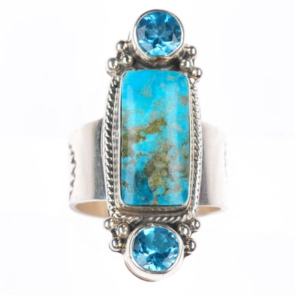 sz9.5 Navajo sterling silver blue topaz ring with turquoise Running Bear Shop