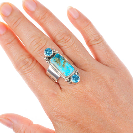 sz9.5 Navajo sterling silver blue topaz ring with turquoise Running Bear Shop