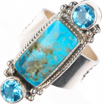 sz9.5 Navajo sterling silver blue topaz ring with turquoise Running Bear Shop