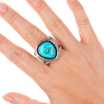 sz11 large vintage Willie Cruz Navajo sterling silver ring with nice turquoise