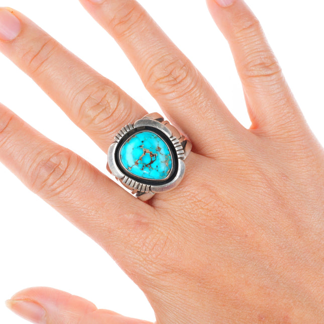 sz11 large vintage Willie Cruz Navajo sterling silver ring with nice turquoise