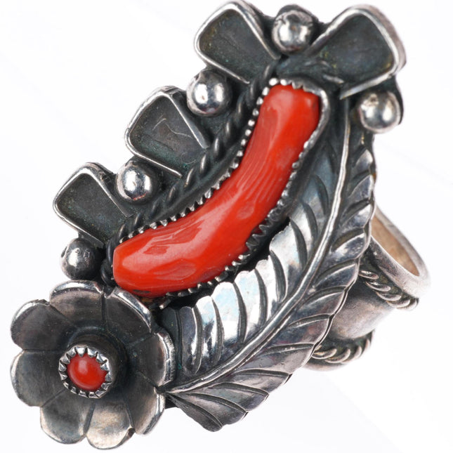 sz7.25 vintage Navajo sterling silver branch coral snake eye long ring