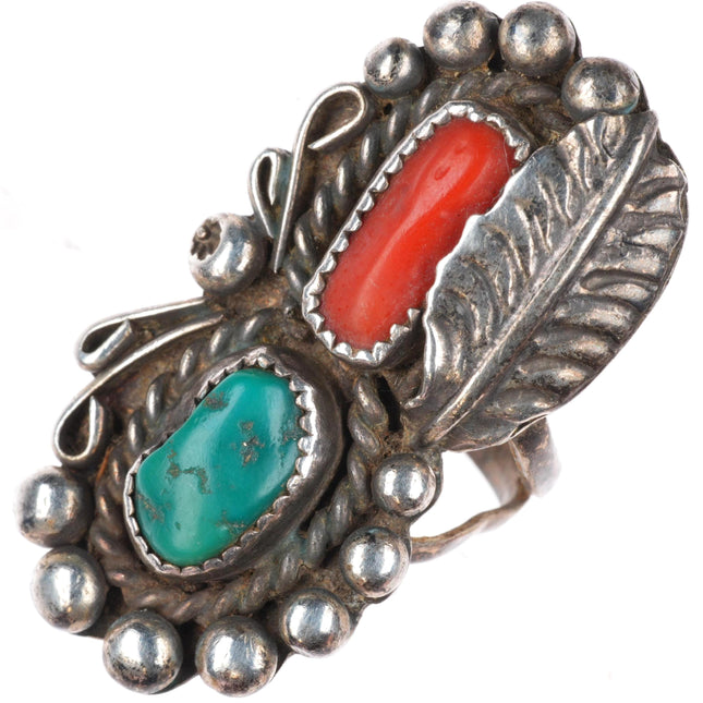 sz7 vintage Navajo sterling silver turquoise and branch coral long ring