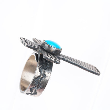 sz7-adjustable Kevin Billah Navajo sterling silver cross ring with turquoise