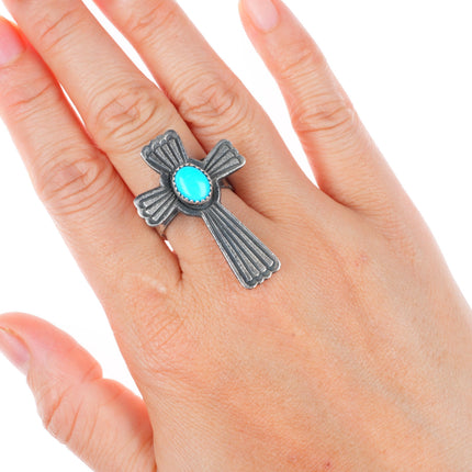 sz7-adjustable Kevin Billah Navajo sterling silver cross ring with turquoise