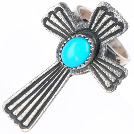 sz7-adjustable Kevin Billah Navajo sterling silver cross ring with turquoise