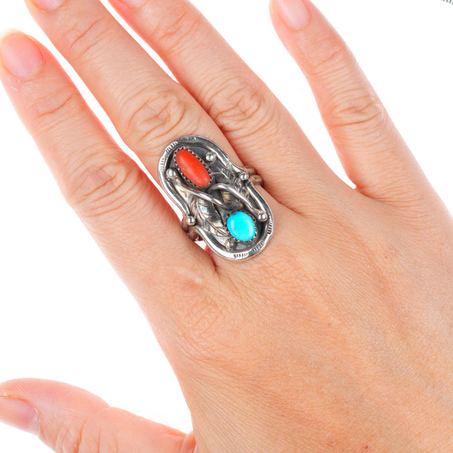 sz9 vintage BS Navajo sterling silver turquoise and coral size 9 ring