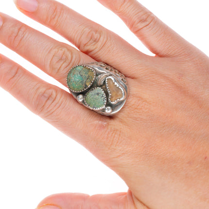 sz10 vintage Navajo sterling silver turquoise 3 stone size 10 ring