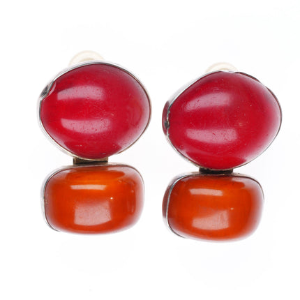 Rebecca Collins Coral and Amber sterling silver clip-on earrings