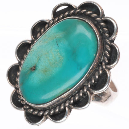 sz8.25 vintage Navajo sterling silver rope bezel ring with nice turquoise