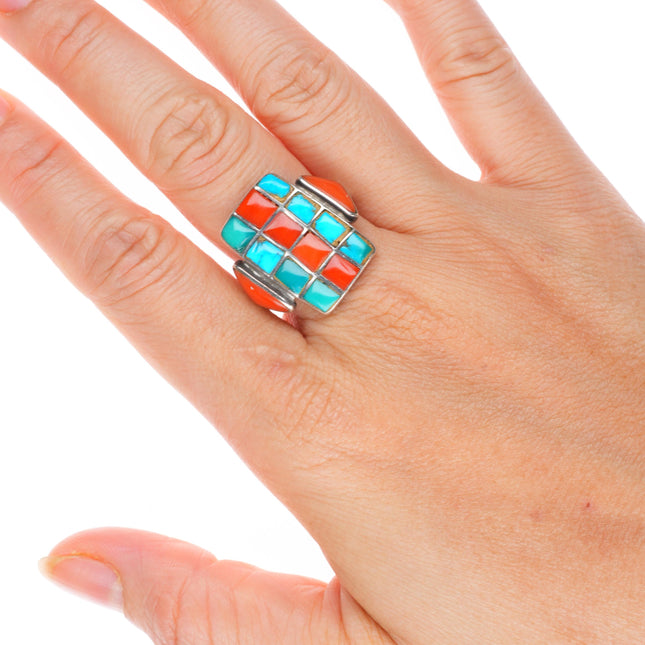 sz9.25 c1930's vintage Zuni sterling silver coral and turquoise cobblestone ring