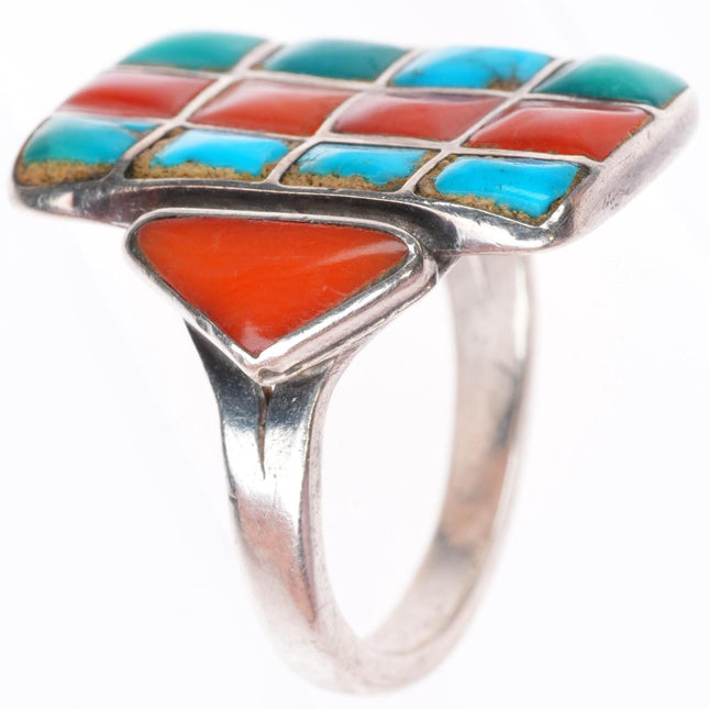 sz9.25 c1930's vintage Zuni sterling silver coral and turquoise cobblestone ring