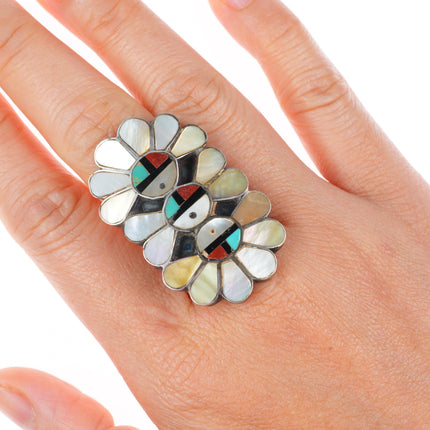 sz7 vintage Zuni sterling silver tripe stack sunface inlay long ring