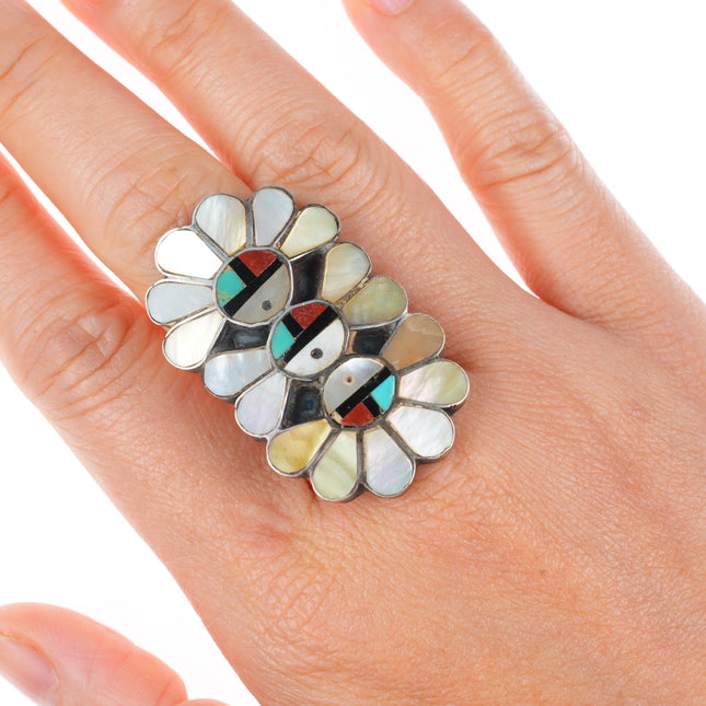 sz7 vintage Zuni sterling silver tripe stack sunface inlay long ring